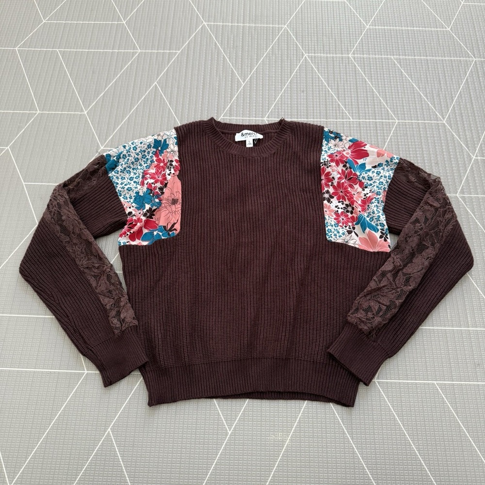 NEW &merci Shannon Lace & Floral Print Inset Sweater Size L Brown‎ $58